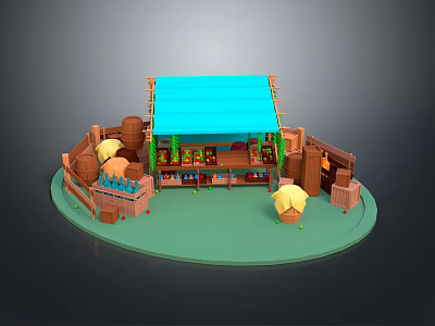 Rustic Market Stall Structure With Blue Roof Wooden Barrels Yellow Umbrellas And Shelves 3d model