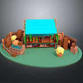 Rustic Market Stall Structure With Blue Roof Wooden Barrels Yellow Umbrellas And Shelves