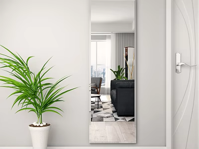 Full Length Mirror in Modern Living Room With Green Plant And Black Sofa 3d model