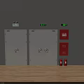 White Fire Doors And Red Fire Cabinets With Extinguishers And Indicator Lights 3d model