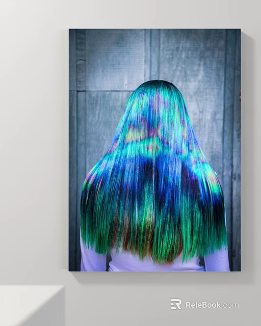 Vibrant Colorful Hair With Blue Green Hues Against Wooden Wall Background 3d model 