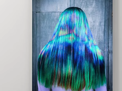 Vibrant Colorful Hair With Blue Green Hues Against Wooden Wall Background 3d model