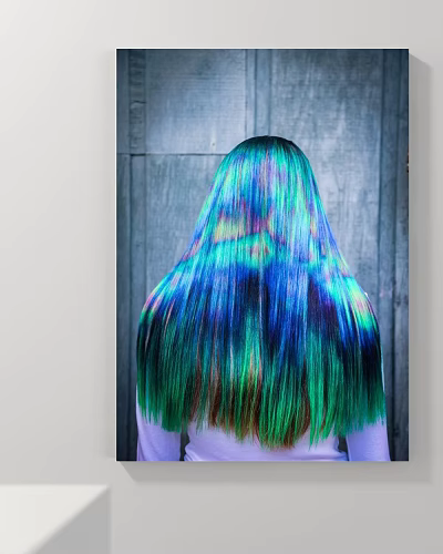 Vibrant Colorful Hair With Blue Green Hues Against Wooden Wall Background 3d model