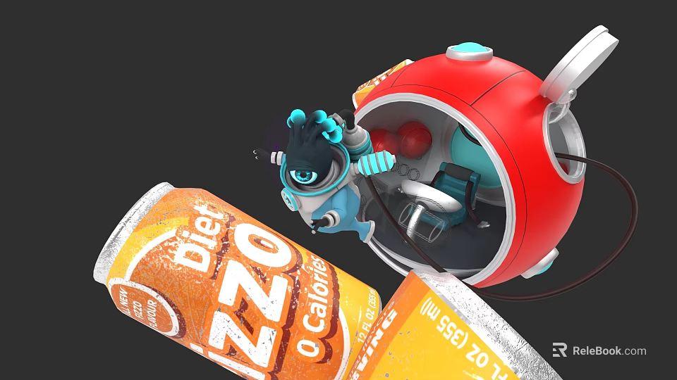Red Spherical Spacecraft With Blue Robot And Diet ZZO Can In Cosmic Scene 3d model 