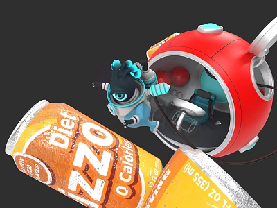 Red Spherical Spacecraft With Blue Robot And Diet ZZO Can In Cosmic Scene 3d model