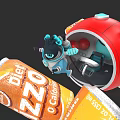 Red Spherical Spacecraft With Blue Robot And Diet ZZO Can In Cosmic Scene