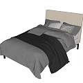 Modern Double Bed With Light Headboard Striped Gray Comforter Black Blanket And Pillows 3d model