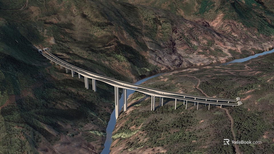 Long Concrete Highway Bridge Spanning Scenic Mountain Valley With Flowing River And Green Hills 3d model 