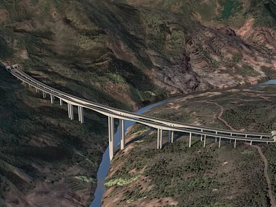 Long Concrete Highway Bridge Spanning Scenic Mountain Valley With Flowing River And Green Hills 3d model