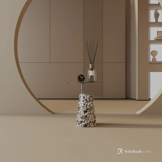 Modern Side Table With Unique Textured Base And Aromatherapy Sticks In Minimalist Interior 3d model 