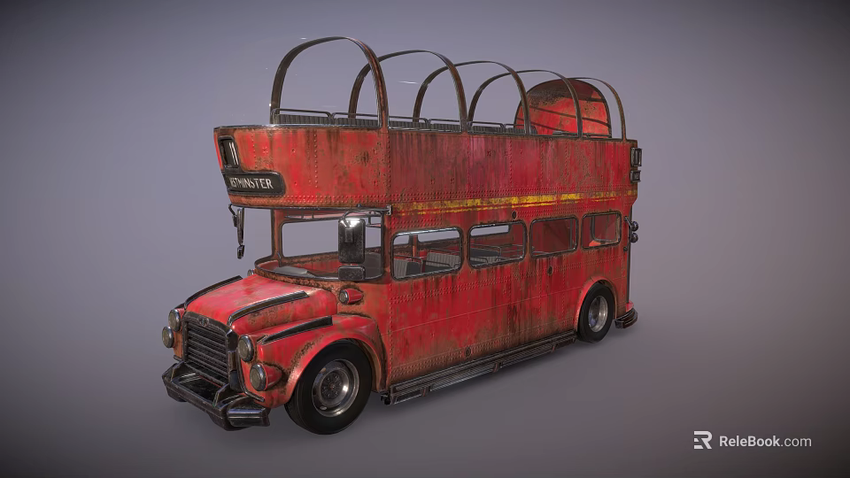 Red Vintage Double Decker Bus With Open Top Arched Roof Rusty Body And London Sign 3d model 