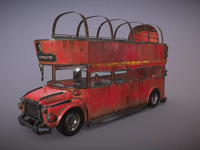 Red Vintage Double Decker Bus With Open Top Arched Roof Rusty Body And London Sign 3d model