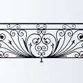 Classic Black Iron Balcony Railing With Ornate Curved Patterns And Wall Lamps