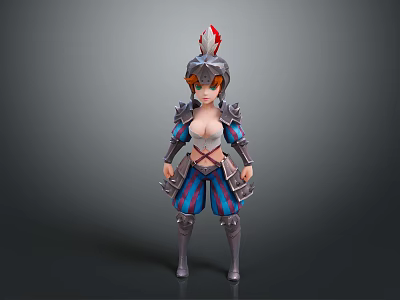 Child Wearing Silver Blue Striped Armor With Feathered Helmet And Boots 3d model
