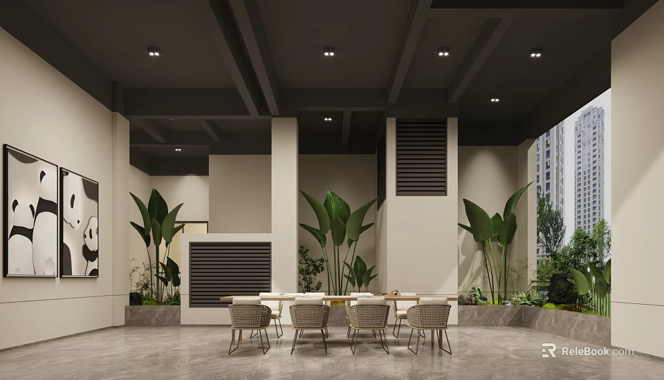 Modern Lounge Area Interior With Green Plants Dining Table And Comfortable Chairs 3d model