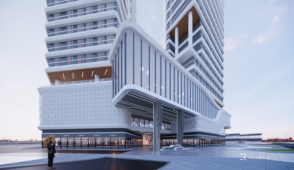 Modern Commercial Complex Featuring Glass Curtain Walls And Unique High Rise Design 3d model 