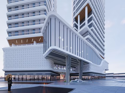 Modern Commercial Complex Featuring Glass Curtain Walls And Unique High Rise Design 3d model