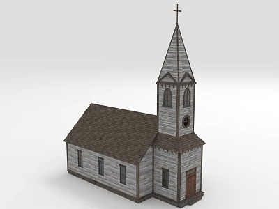 Detailed Wooden Church Model With Steeple Cross Gray Exterior Brown Roof Windows And Wooden Door 3d model
