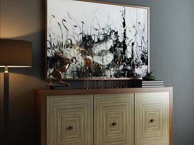 Modern Elegant Entryway Console Cabinet With Abstract Painting Sculpture Books Small Plant And Floor Lamp 3d model