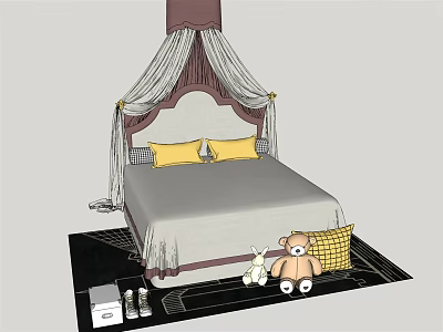 Children's Bed With Canopy Yellow Pillows Teddy Bear Rabbit And Black Rug 3d model