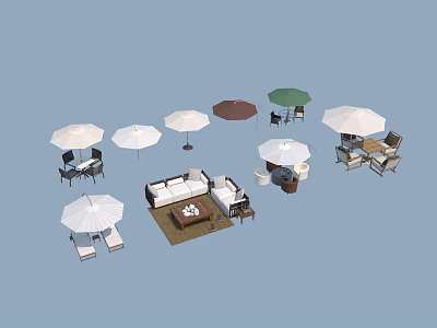Outdoor Sofa with Multiple Colored Umbrellas and Matching Patio Furniture Set 3d model