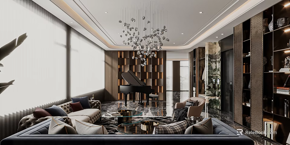 Modern Dining and Living Room Interior With Sofa Dining Table Crystal Chandelier And Decorative Panels 3d model 