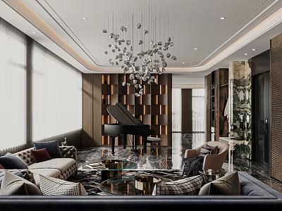 Modern Dining and Living Room Interior With Sofa Dining Table Crystal Chandelier And Decorative Panels 3d model