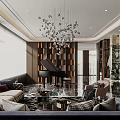 Modern Dining and Living Room Interior With Sofa Dining Table Crystal Chandelier And Decorative Panels