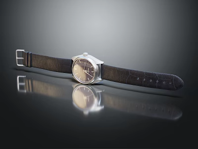 Elegant Watch Featuring Silver Dial Black Leather Strap and Metal Buckle on Black Reflective Surface 3d model