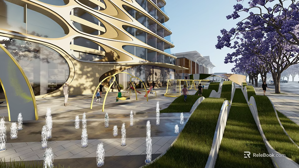 Garden Landscape Design With Playground Equipment Fountains Green Lawns Purple Trees And Modern Buildings 3d model 