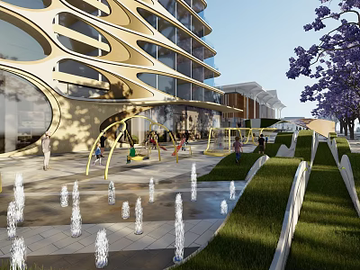 Garden Landscape Design With Playground Equipment Fountains Green Lawns Purple Trees And Modern Buildings 3d model
