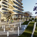 Garden Landscape Design With Playground Equipment Fountains Green Lawns Purple Trees And Modern Buildings