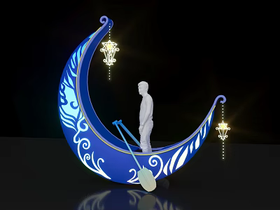 Blue Moon Shaped Decoration With White Patterns Standing Figure Hanging Lanterns And Broom 3d model