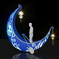 Blue Moon Shaped Decoration With White Patterns Standing Figure Hanging Lanterns And Broom 3d model