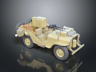 Military Green Vintage Off Road Jeep With Antenna And Cargo Equipment 3d model