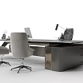 Modern Office Desk Setup With Laptop Table Lamp And Two Chairs