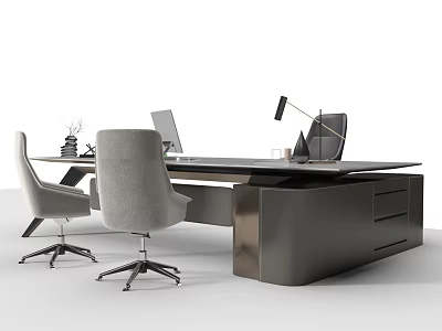 Modern Office Desk Setup With Laptop Table Lamp And Two Chairs 3d model