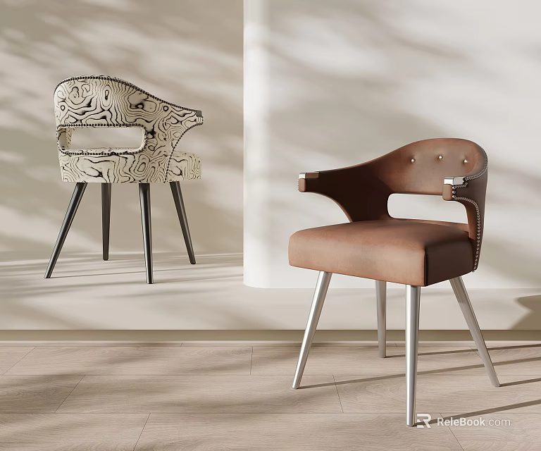 Modern Leisure Chairs With Leather And Patterned Fabric Upholstery And Metal Legs 3d model 