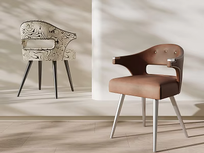 Modern Leisure Chairs With Leather And Patterned Fabric Upholstery And Metal Legs 3d model