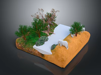 Scenic Model Landscape With Yellow Terrain Green Trees White Path Rocks And White Animals 3d model