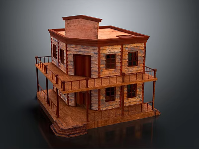 Realistic Two Story Building Model With Brick Walls Wooden Balcony Red Roof And Windows 3d model