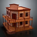 Realistic Two Story Building Model With Brick Walls Wooden Balcony Red Roof And Windows