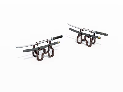 Traditional Japanese Weapons Two Katanas Placed On Wooden Stands With Sheaths 3d model