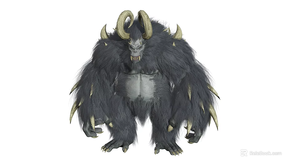 Fierce Mythical Creature With Two Large Horns Shaggy Fur And Sharp Claws 3d model 