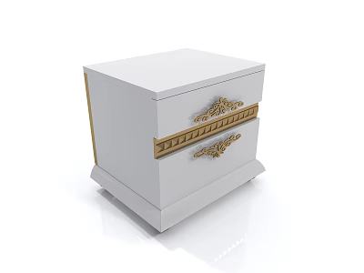 Elegant White Nightstand With Gold Decorative Carvings And Drawer Details 3d model
