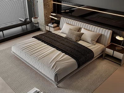 Modern Double Bed With White Bedspread Black Throw Blanket And Gray Pillows In Contemporary Bedroom 3d model