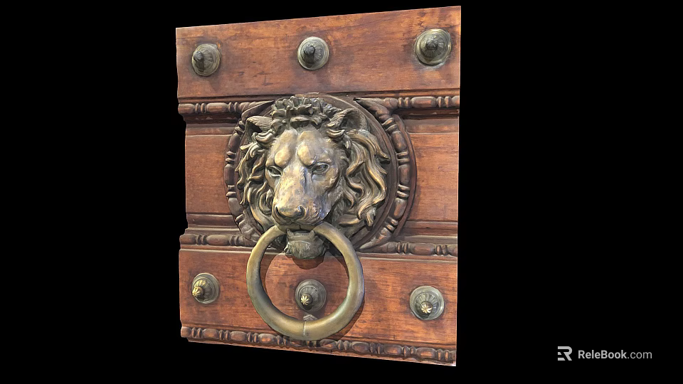 Vintage Brass Lion Head Door Knocker On Wooden Door Panel With Decorative Metal Rivets 3d model 
