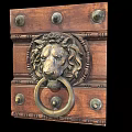 Vintage Brass Lion Head Door Knocker On Wooden Door Panel With Decorative Metal Rivets