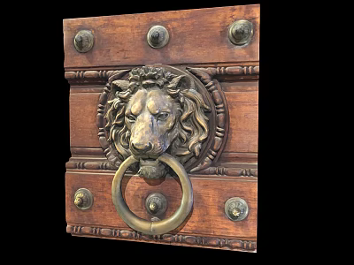 Vintage Brass Lion Head Door Knocker On Wooden Door Panel With Decorative Metal Rivets 3d model
