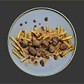 Bacon Wrapped Meatballs With Crispy Fries And Red Sauce On Blue Plate